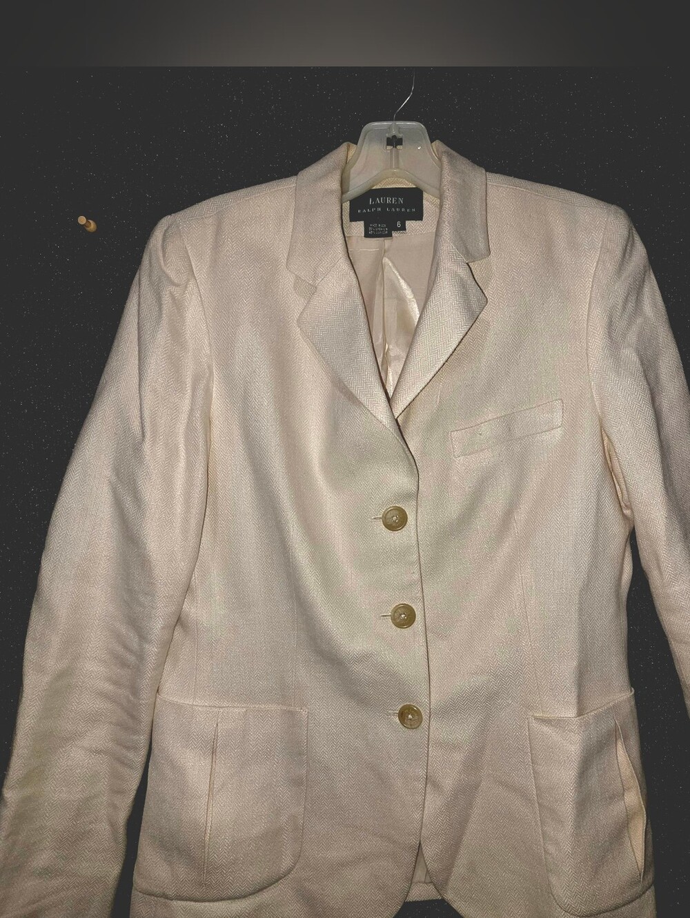 RL51. Vintage Lauren Ralph Lauren Ivory Linen Silk Herringbone Blazer Size 6 USA